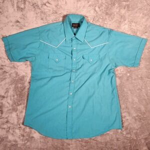 High Noon Western Shirt Mens Large Teal Excellent Short Sleeve Pearl Snap 90685